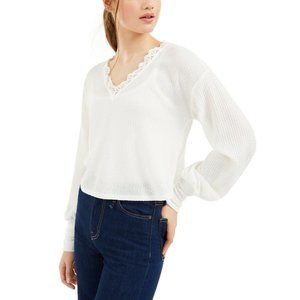 NWT Love Fire Juniors White Lace Blouse Trim Waffle Top